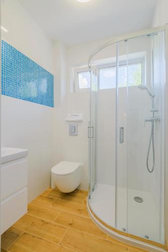 a white bathroom with a shower and a toilet at APARTAMENTY PIAMOLA Willa Zacisze Kąty Rybackie in Kąty Rybackie