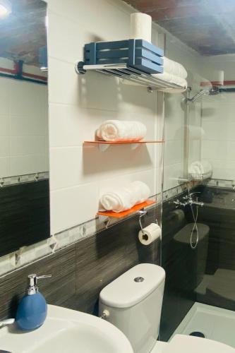 a bathroom with a toilet and towels on a shelf at Casa Vacacional Galiana in Avilés