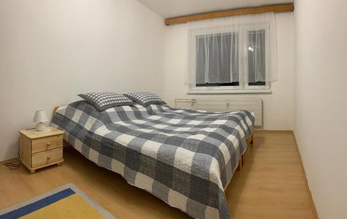 a bedroom with a bed with a checkered blanket and a window at Apartmán v centre in Kremnica