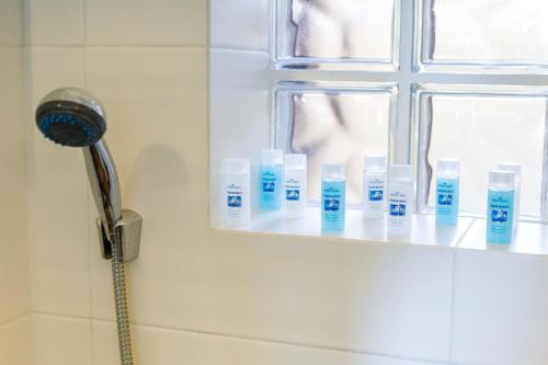 a shelf with a bunch of bottles ofodorizers in a bathroom at Christina's Apartment in Tolo