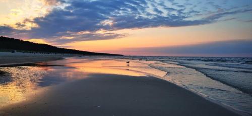 a beach with a person walking on the sand at Fewo Wellenreiter Usedom 200 m zum Strand mit Balkon Parkplatz Wlan in Ostseebad Karlshagen