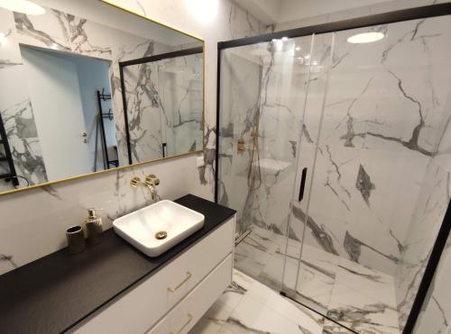 a bathroom with a sink and a shower at GOLDEN SANDS in Rowy