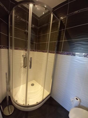 a shower with a glass enclosure in a bathroom at 3p-institut in Ploemeur
