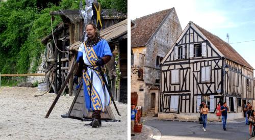 two pictures of a man standing in front of a building at Gite dans une ancienne corps de ferme D in Provins