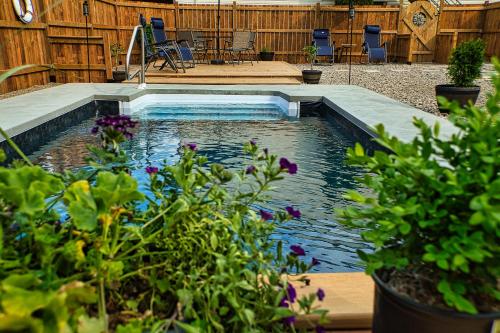 ein Schwimmbad in einem Hof mit einigen Pflanzen in der Unterkunft Auberge motel drakkar in Shawinigan