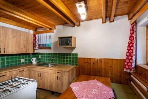 a kitchen with wooden cabinets and a stove at Chata Dáša High Tatras in Mlynčeky