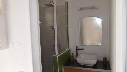 ein Bad mit einem Waschbecken und einem Spiegel in der Unterkunft Studio à la semaine, au mois ou plus in Le Moule