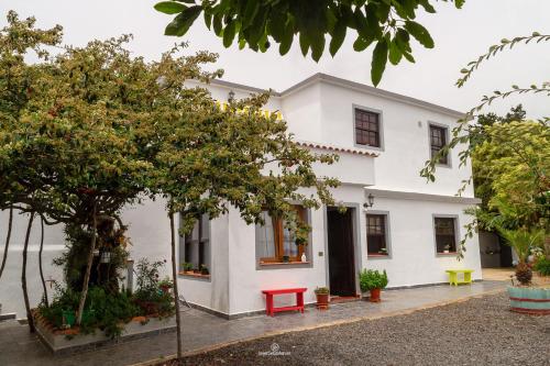 une maison blanche avec un banc rouge devant elle dans l'établissement Bodega Goyo, à Puntallana