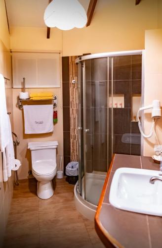 a bathroom with a shower and a toilet and a sink at Hotel Boutique Playa Canela Ecuador in Salinas