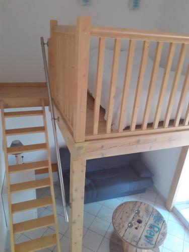 een stapelbed en een ladder in een kamer bij Appartement rez de chaussée avec terrasse et jardin in Tence