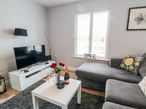 a living room with a couch and a tv at Denby Escape in Filey
