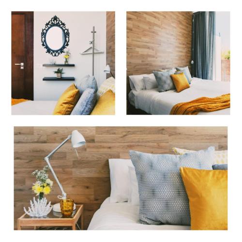 a collage of three pictures of a bedroom with two beds at House Gallery 10 in Tijoco de Abajo