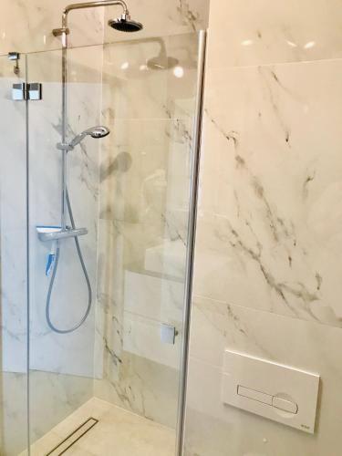 a shower in a bathroom with a glass shower stall at Stadium Apart Terrace in Warsaw