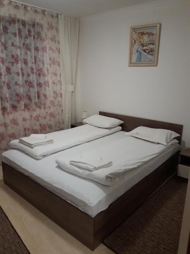 - 2 lits jumeaux dans une chambre avec une photo sur le mur dans l'établissement Grand Monastery Private Apartment, à Pamporovo