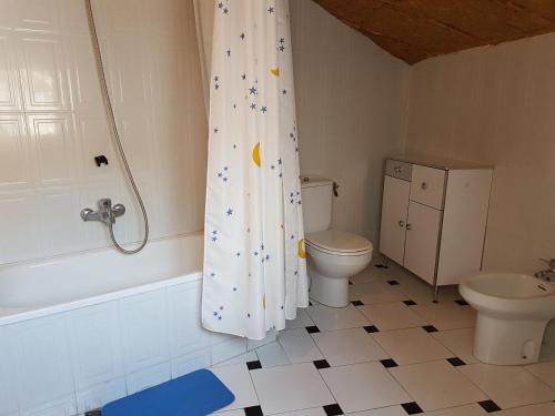 a bathroom with a toilet and a shower curtain at Enjoy Gredos in El Arenal