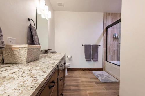 a bathroom with a marble counter top and a sink at Bear Lair at Teton Valley Idaho in Victor