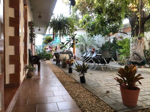 Hotel Boutique El Sueño del Coronel في ريو فيردي: فناء مع طاولة وكراسي والنباتات