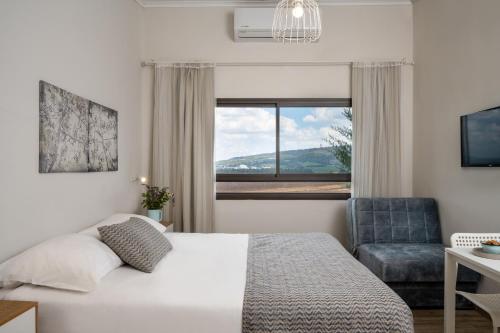 a bedroom with a bed and a chair and a window at Holiday Village Kibbutz Mizra in Mizra‘