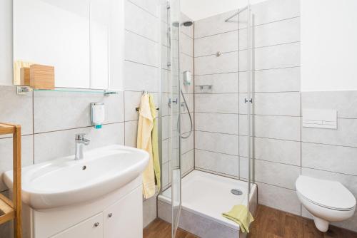 y baño con lavabo, ducha y aseo. en Spreeblick Apartments en Bautzen
