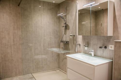 a bathroom with a shower and a white sink at De Zwaluwhoeve in Peer