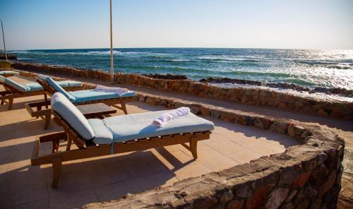 a group of chaise lounges on a patio overlooking the ocean at Dyarna Dahab Hotel in Dahab