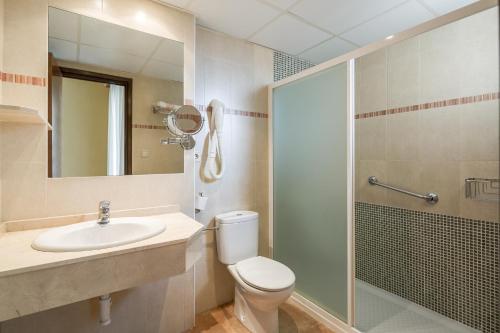La salle de bains est pourvue de toilettes, d'un lavabo et d'une douche. dans l'établissement Balneario de Fitero - Hotel Bécquer, à Fitero