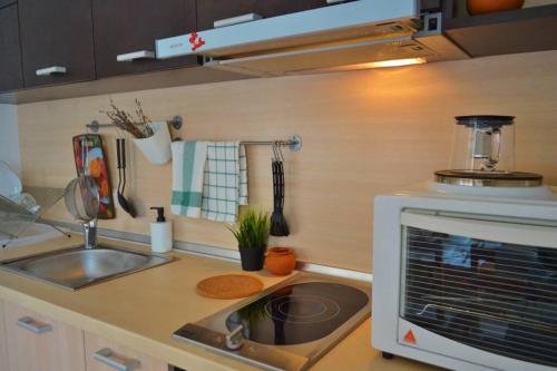 a small kitchen with a sink and a microwave at Просторная студия в жилом комплексе Hill Top in Bansko