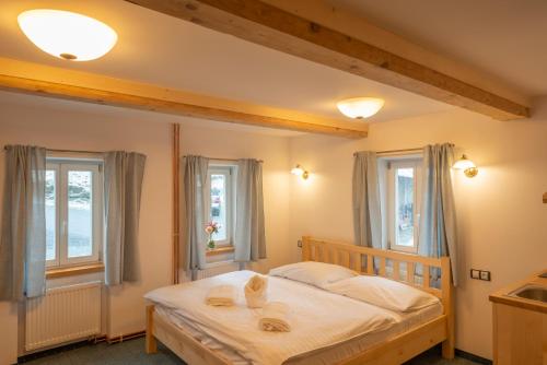 a bedroom with a bed and two windows at Penzion Modrava in Modrava