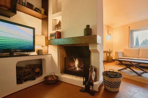 een woonkamer met een open haard en een tv bij Perfect for quiet vacation with family and friends in Setúbal