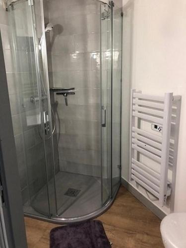 une douche avec une porte vitrée dans une salle de bain dans l'établissement L'Orée de la Chambotte, à Chindrieux