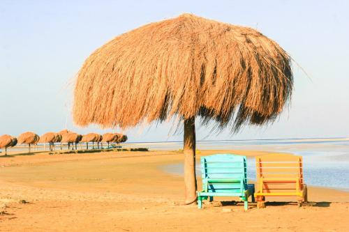 two chairs under a straw umbrella on the beach at Green Sudr Resort in Ras Sedr
