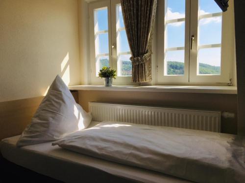 Bett in einem Zimmer mit Fenster und Kissen in der Unterkunft Schloß Wittgenstein in Bad Laasphe