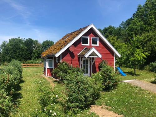 a red house with a painting on the side of it at Norweger Haus am Tollensesee in Groß Nemerow