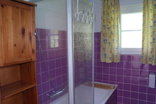 a purple tiled bathroom with a shower and a tub at Ferienhaus Bayerwald in Ringelai