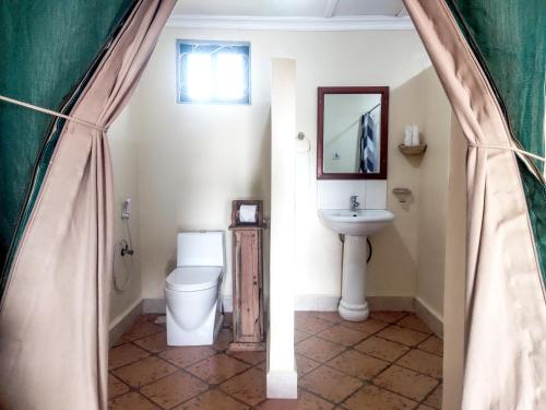 ein Bad mit einem WC und einem Waschbecken in der Unterkunft Africa Safari Serengeti Ikoma - Wildebeest migration is around! in Serengeti-Savanne