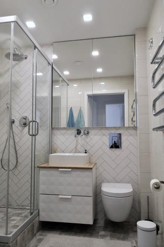 a bathroom with a shower and a toilet and a sink at Homely apartment in Kėdainiai in Kėdainiai