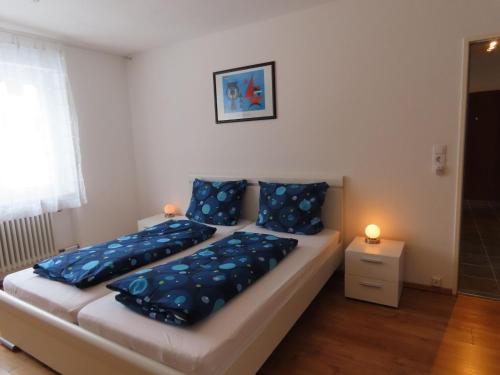 een slaapkamer met 2 bedden en blauwe kussens bij Ferienwohnung Berndes in Meersburg