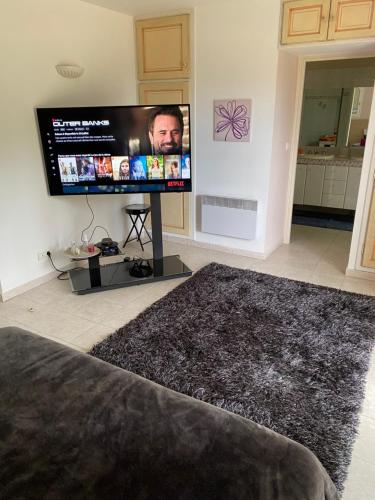 un salon avec une télévision à écran plat au mur dans l'établissement Chambre spacieuse indépendante dans villa plus parking privée, au Cannet