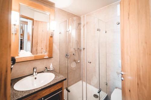 a bathroom with a sink and a shower at Hotel & Gasthof Löwen in Ulm