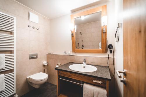 a bathroom with a sink and a toilet and a mirror at Hotel & Gasthof Löwen in Ulm