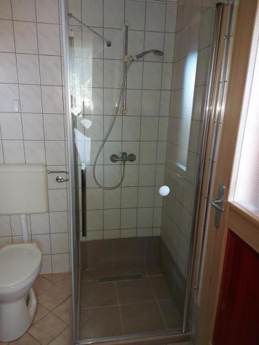 a shower with a glass door in a bathroom at Hoffmann Vendégház in Nagyrákos