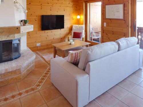 ein Wohnzimmer mit einem Sofa und einem Kamin in der Unterkunft Apartment Rhodonite 33 by Interhome in Villars-sur-Ollon