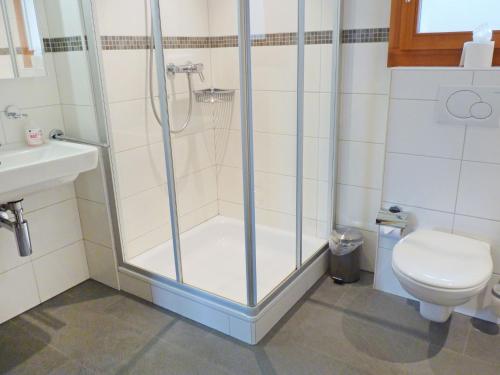 a bathroom with a shower with a toilet and a sink at Chalet Chloé by Interhome in Ovronnaz