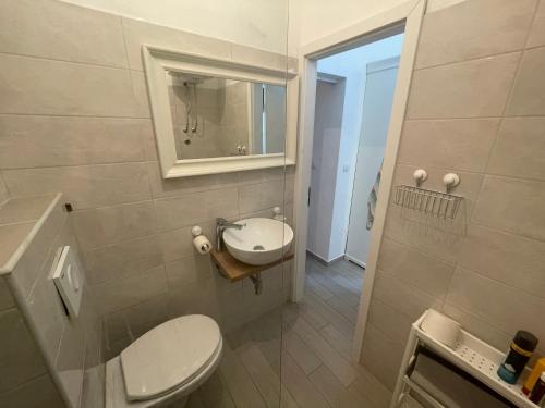 a bathroom with a toilet and a sink and a mirror at Apartmani Pulić in Senj