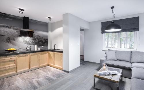 a living room with a couch and a kitchen at Samosia in Karpacz