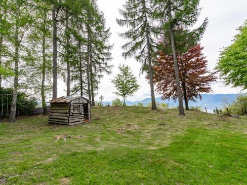 a small wooden cabin on a grassy hill with trees at Holiday Home Baita Nini by Interhome in Trarego