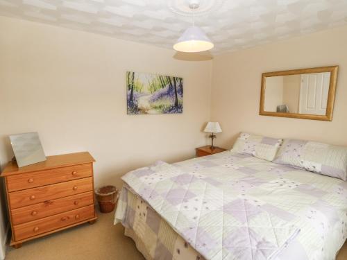 a bedroom with a bed and a dresser and a mirror at Rhug Villa in Nefyn