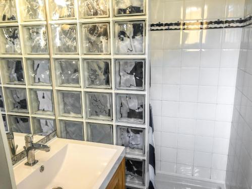 La salle de bains est pourvue d'un lavabo et d'une paroi d'étagères en verre. dans l'établissement Apartment Les Agathes Plus by Interhome, au Cap d'Agde