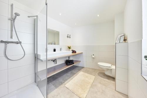 La salle de bains est pourvue d'une douche, d'un lavabo et de toilettes. dans l'établissement Wohnung 14 - ohne Auto in den Europa-Park, à Ringsheim