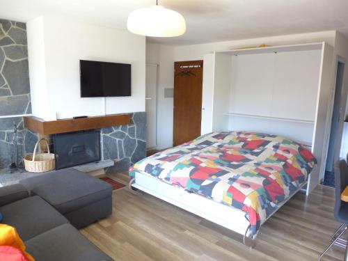 1 dormitorio con 1 cama, chimenea y TV en Apartment Rond-Point by Interhome, en Crans-Montana